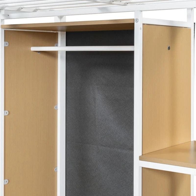 Lit mezzanine en métal pour lit simple avec armoire intégrée, bureau et étagères