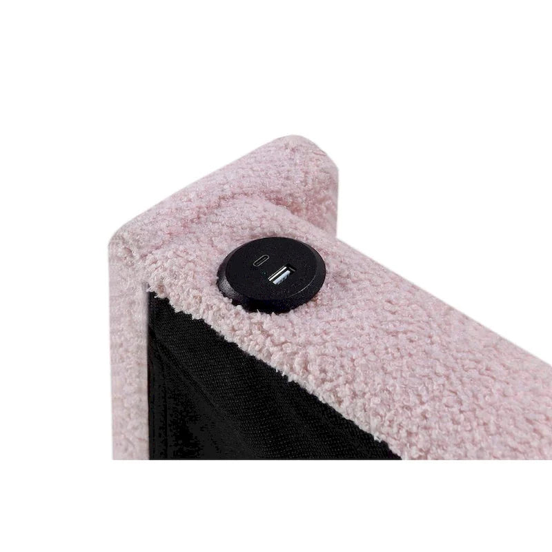 Cadre de lit simple avec lit gigogne, tissu Teddy, fonction USB et pochette de rangement sur le côté de la tête de lit
