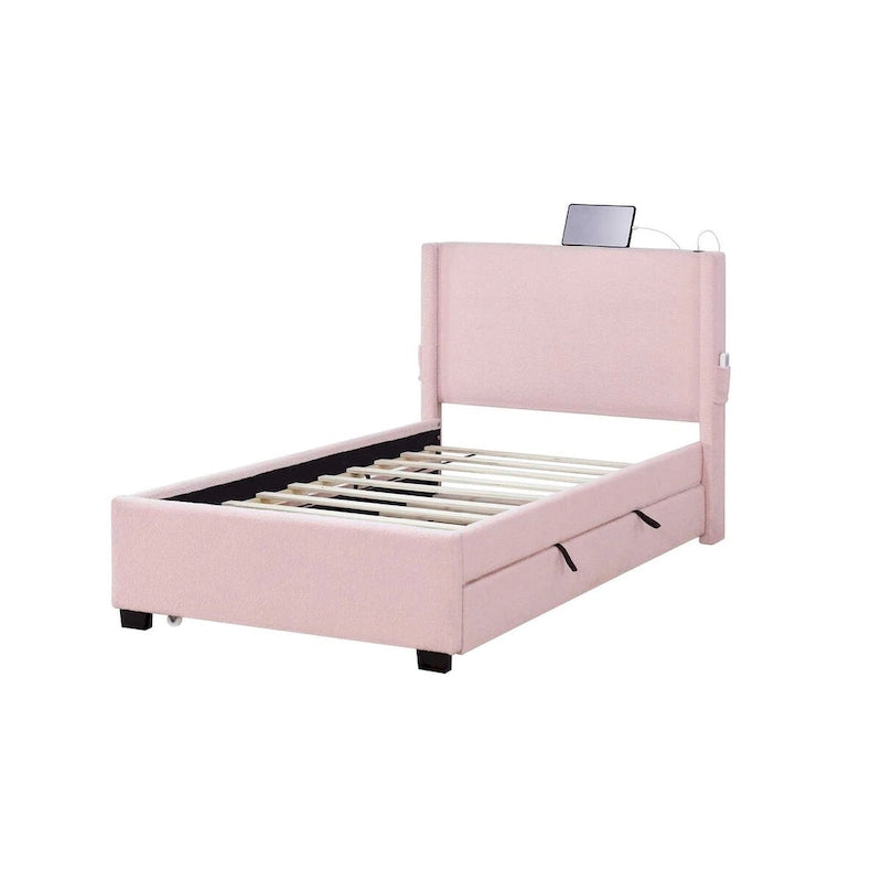 Cadre de lit simple avec lit gigogne, tissu Teddy, fonction USB et pochette de rangement sur le côté de la tête de lit