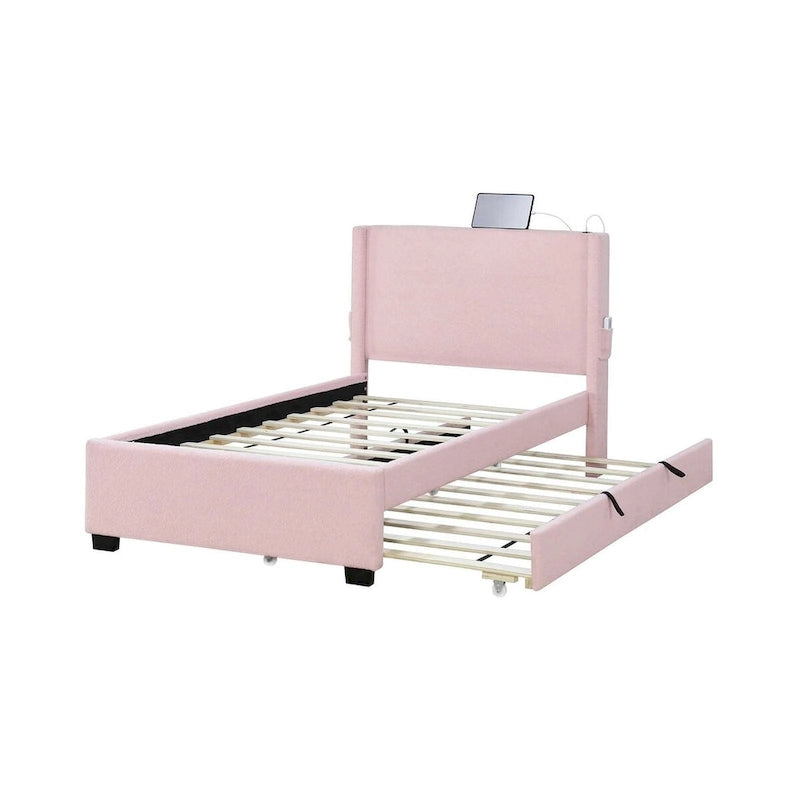 Cadre de lit simple avec lit gigogne, tissu Teddy, fonction USB et pochette de rangement sur le côté de la tête de lit