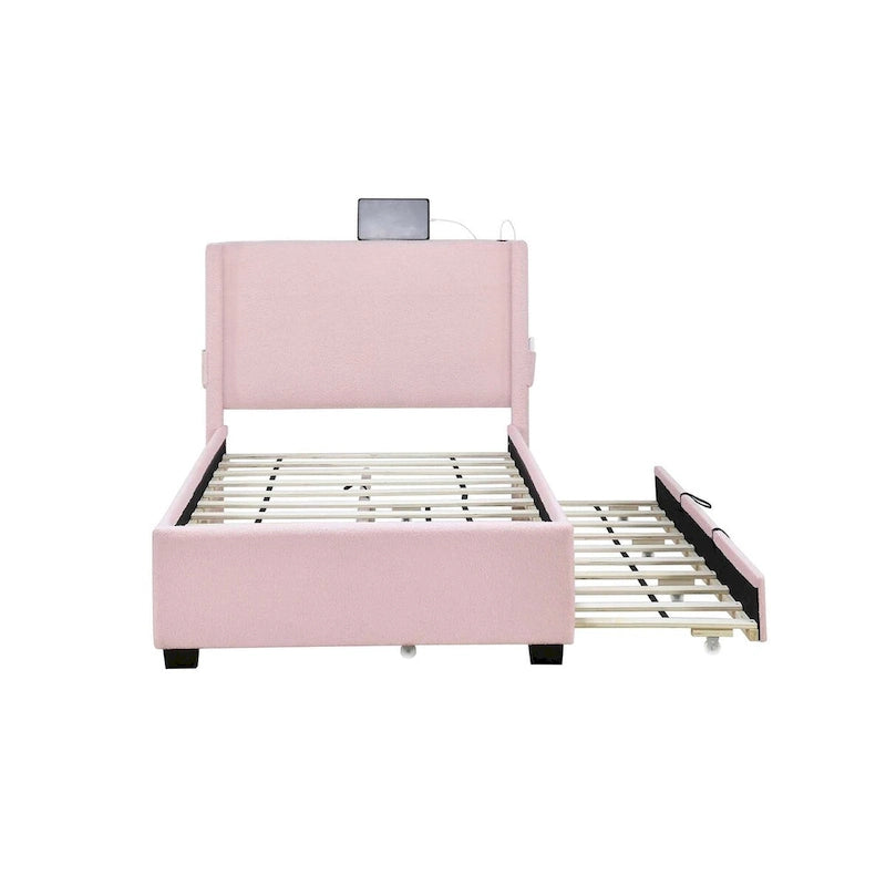 Cadre de lit simple avec lit gigogne, tissu Teddy, fonction USB et pochette de rangement sur le côté de la tête de lit