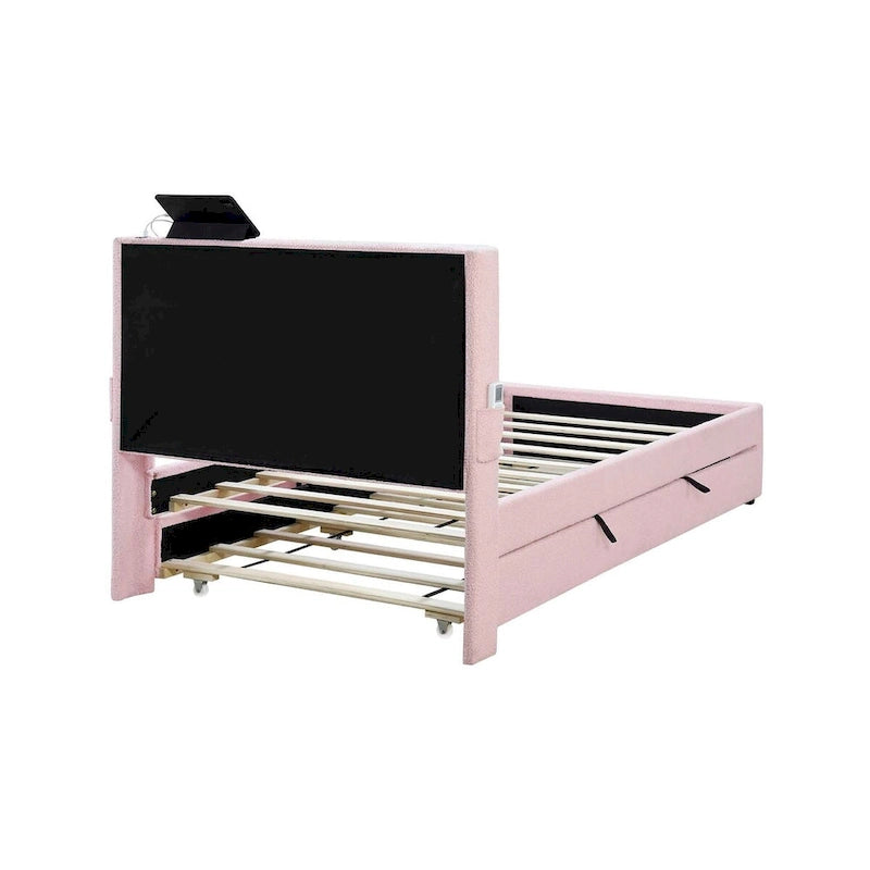 Cadre de lit simple avec lit gigogne, tissu Teddy, fonction USB et pochette de rangement sur le côté de la tête de lit